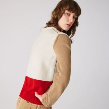 Lacoste Made in France Crew Neck Colourblock Wool Sweater - Svetr Dámské Červené / Bílé / Béžový | C